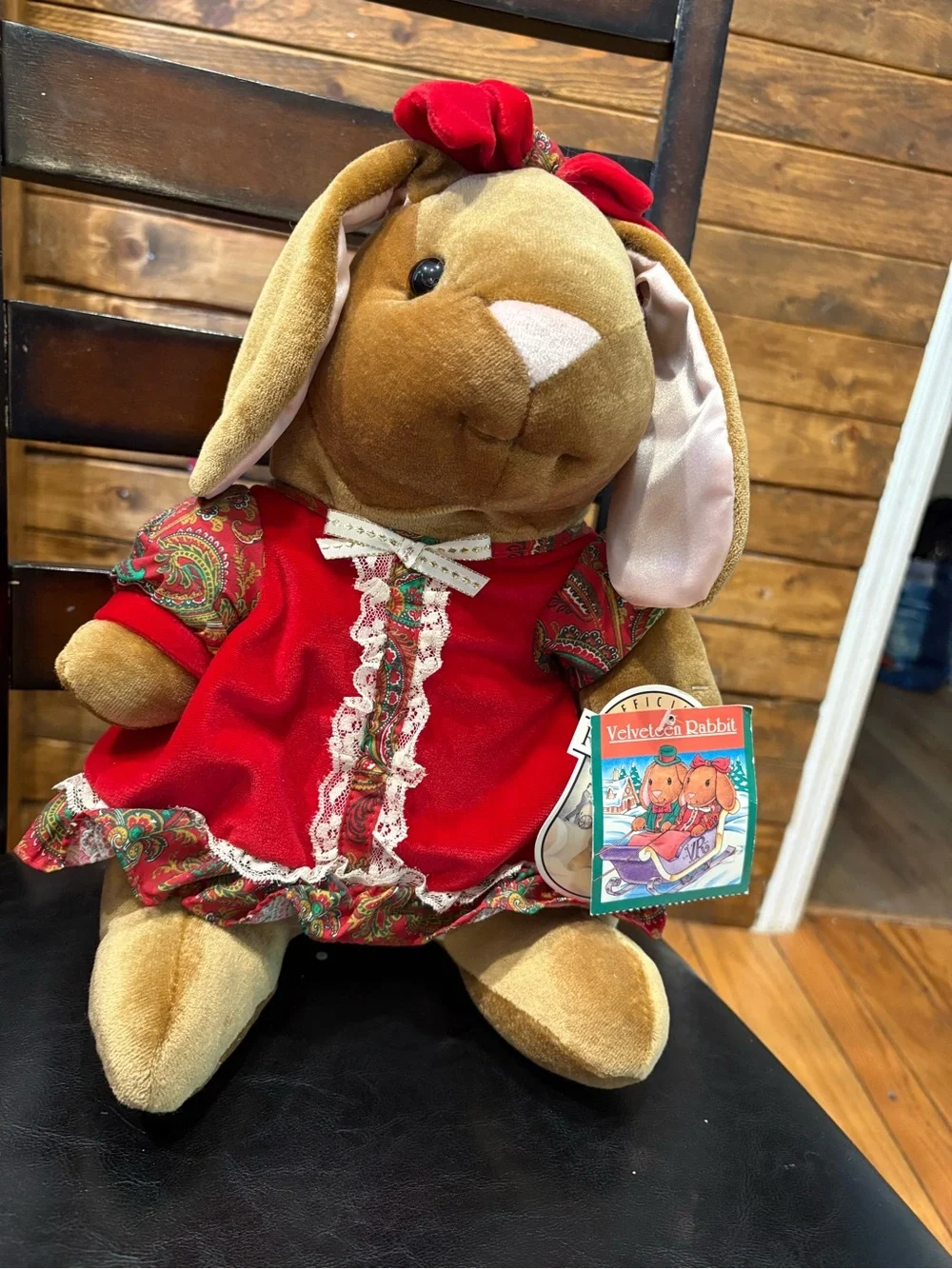 Vintage 1985 Velveteen Rabbit Plush Bunny in Red Dress - new w tags